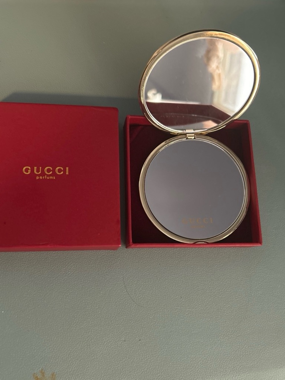 Gucci Gold Tone Compact Mirror with Red Box